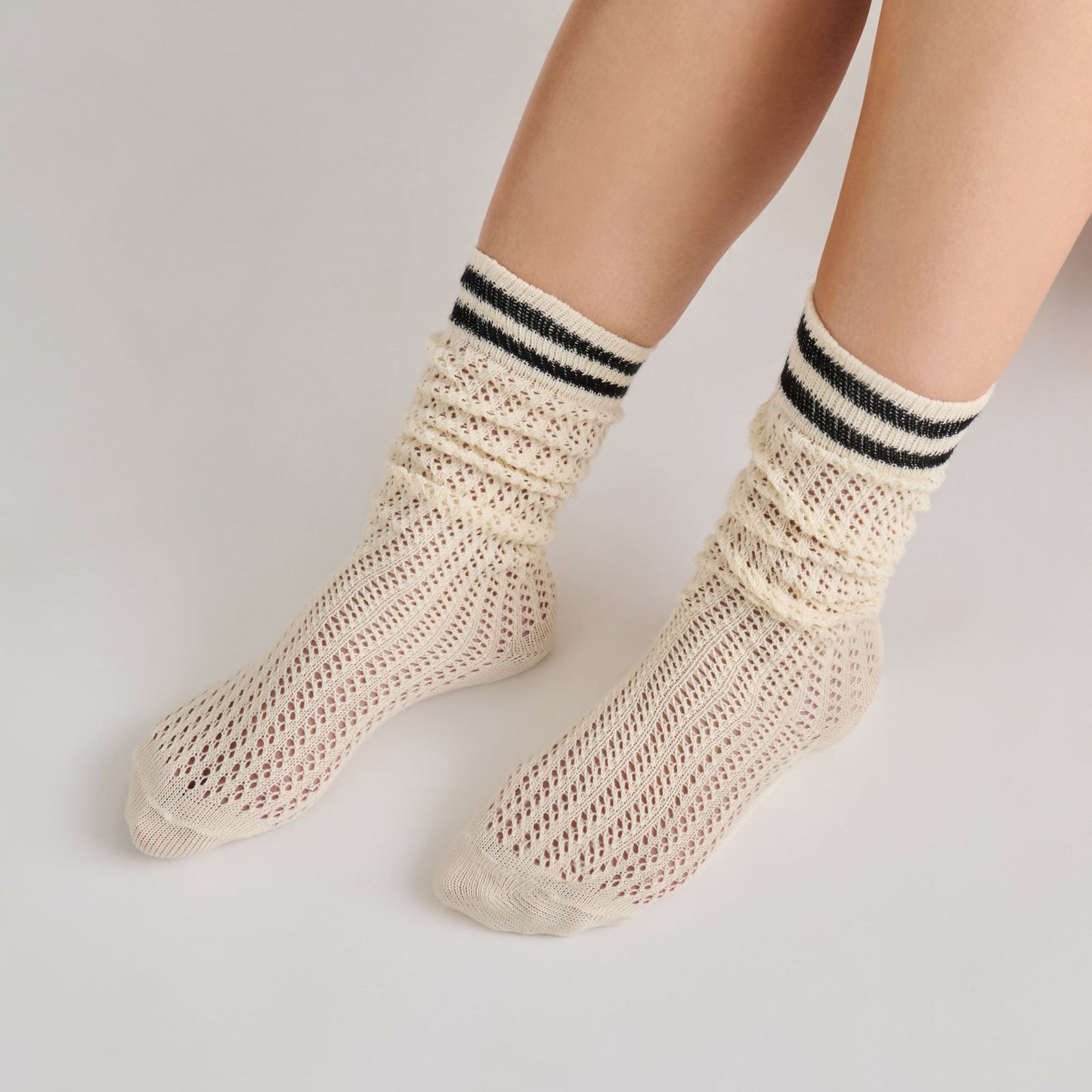 Pointelle Striped Black White Knee High Sock