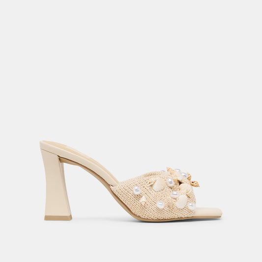 Tylah Oatmeal Beaded Raffia Heels