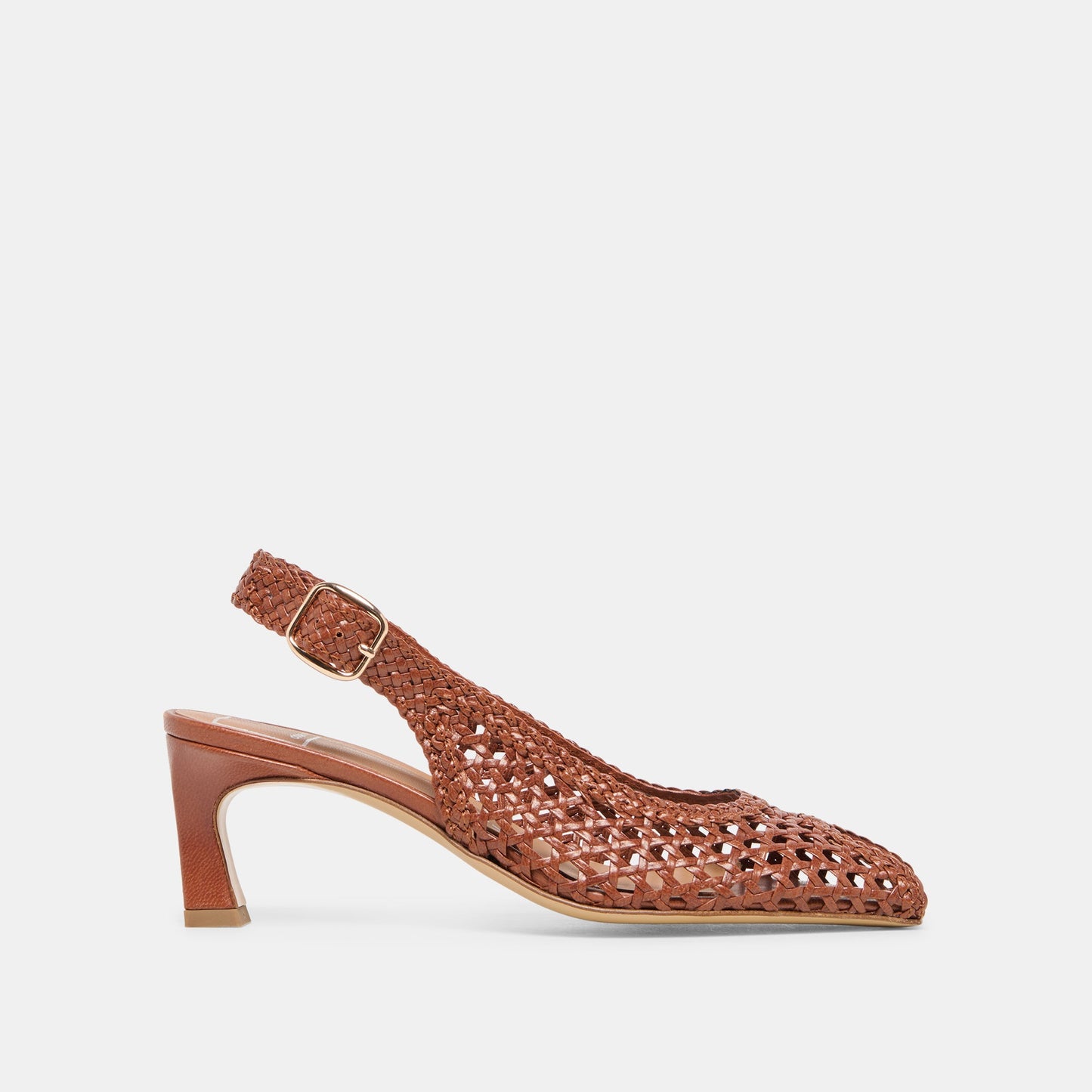 REMLA Tan Woven Leather Peep-Toe Kitten Heel