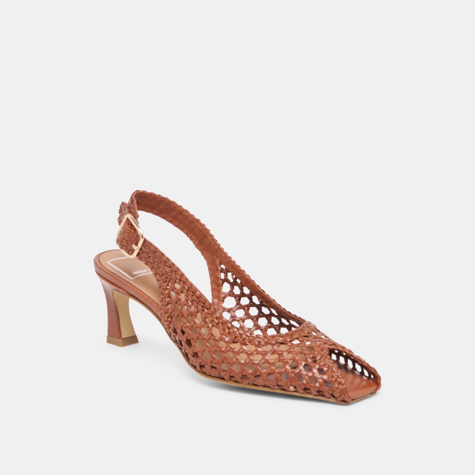 REMLA Tan Woven Leather Peep-Toe Kitten Heel