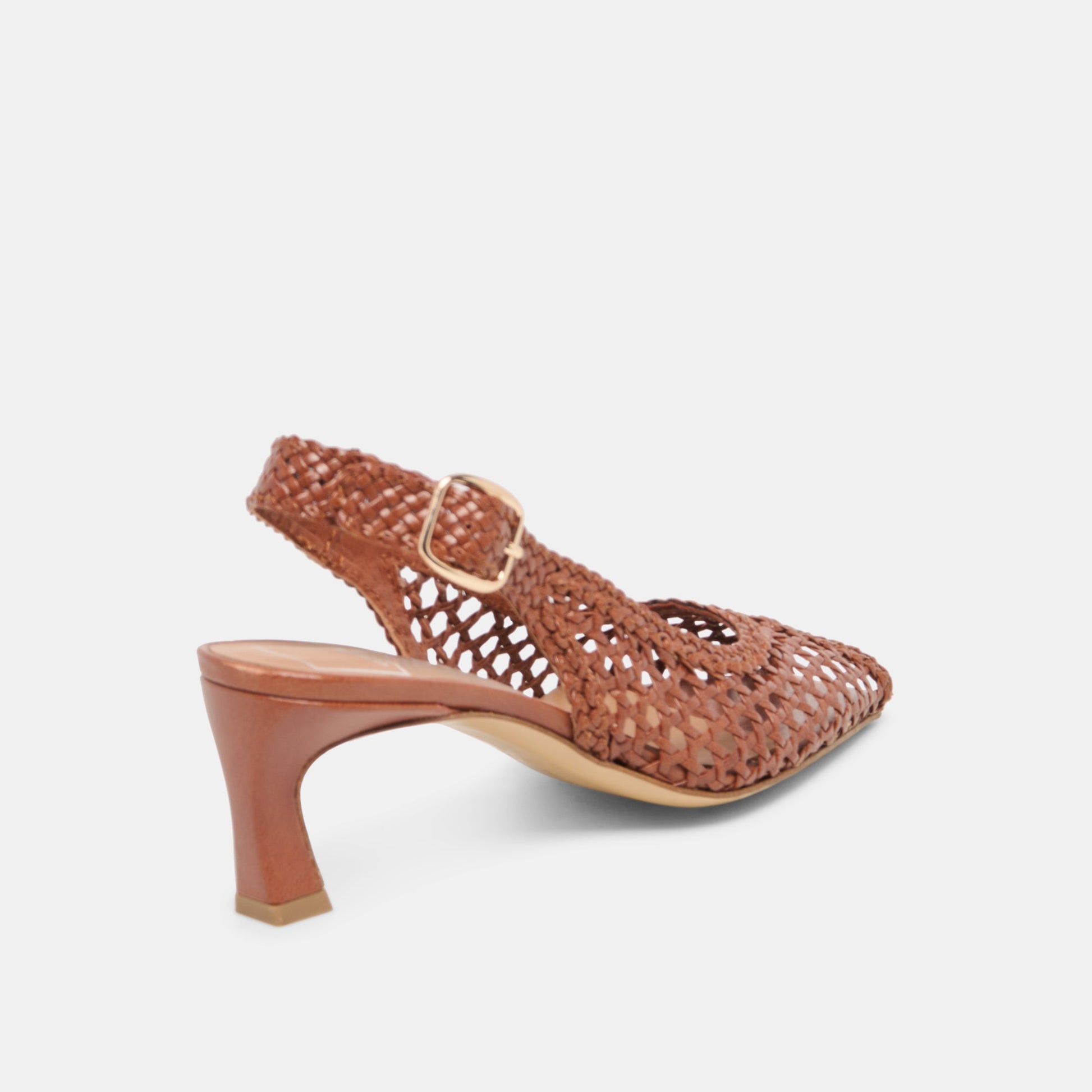 REMLA Tan Woven Leather Peep-Toe Kitten Heel
