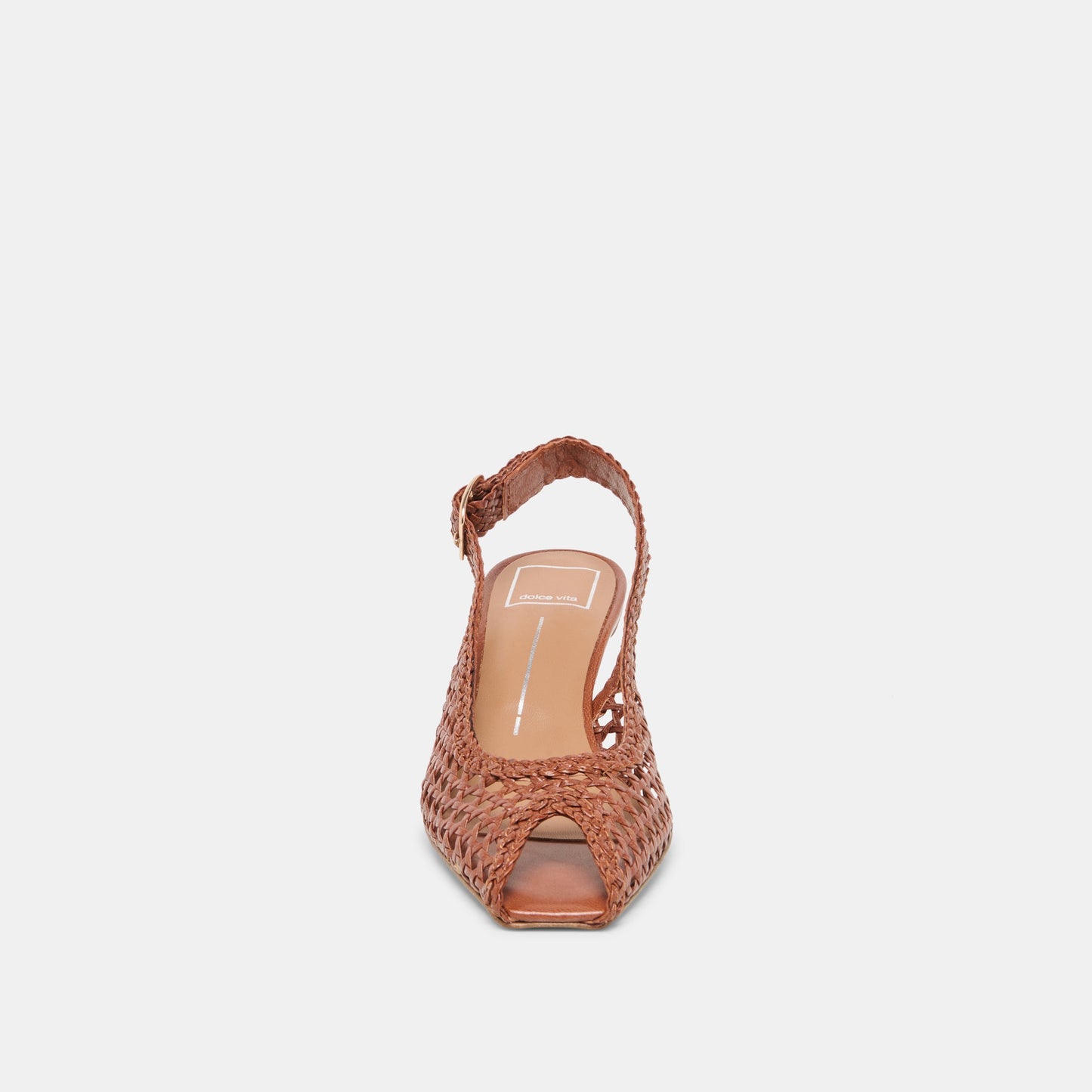REMLA Tan Woven Leather Peep-Toe Kitten Heel