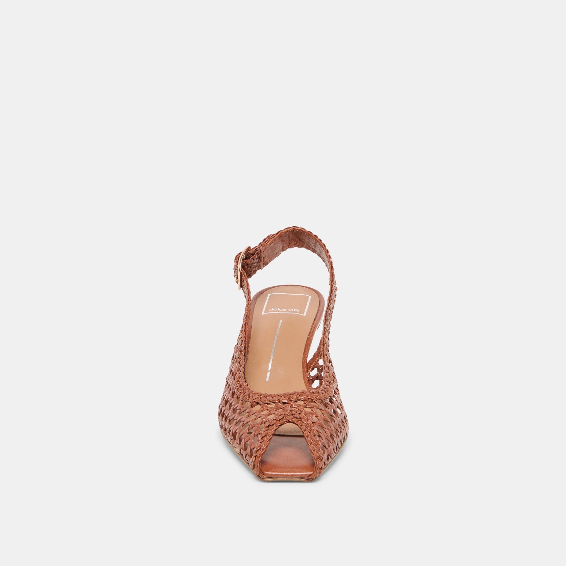 REMLA Tan Woven Leather Peep-Toe Kitten Heel