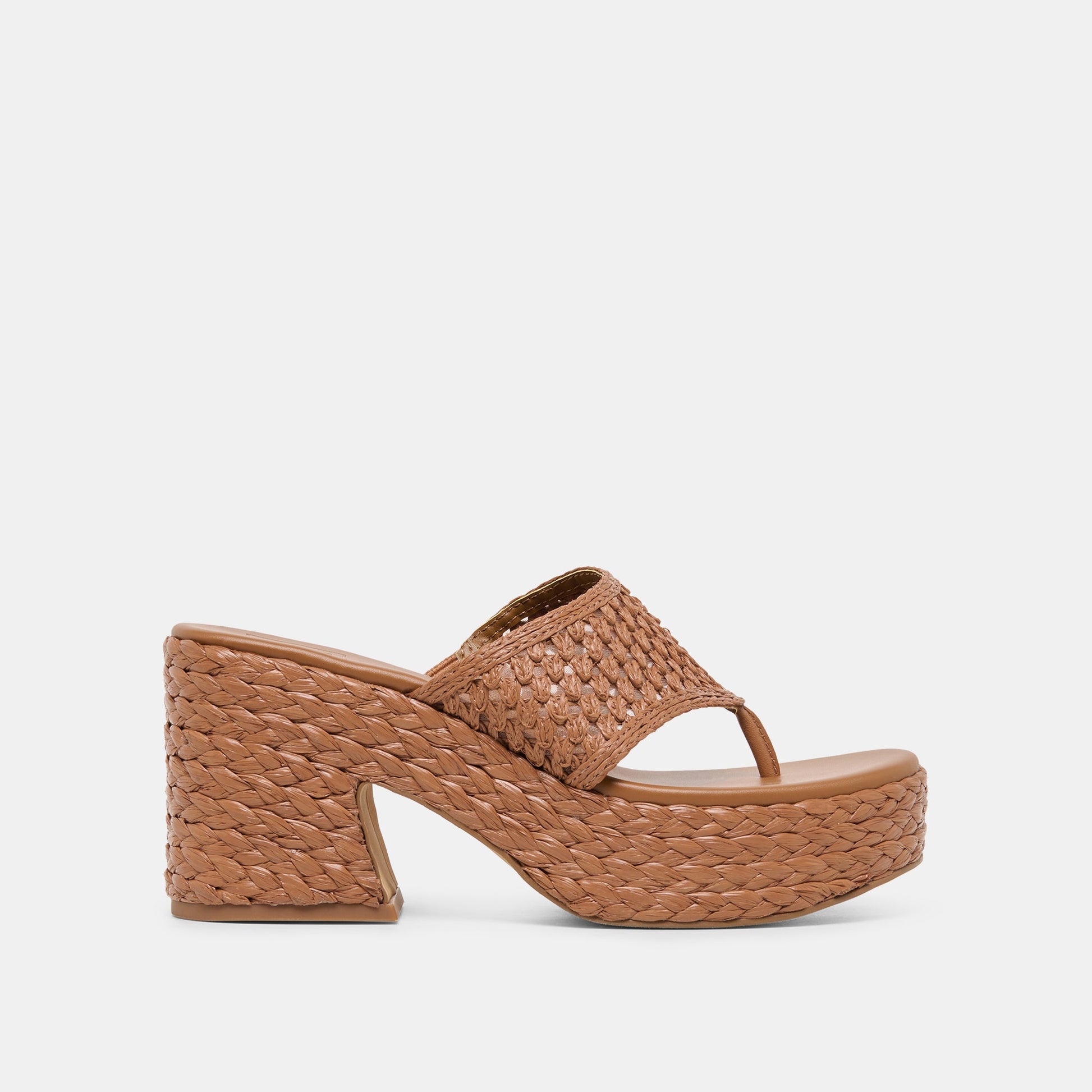 RIPPLE Mid Brown Raffia Platform Thong Block Heel