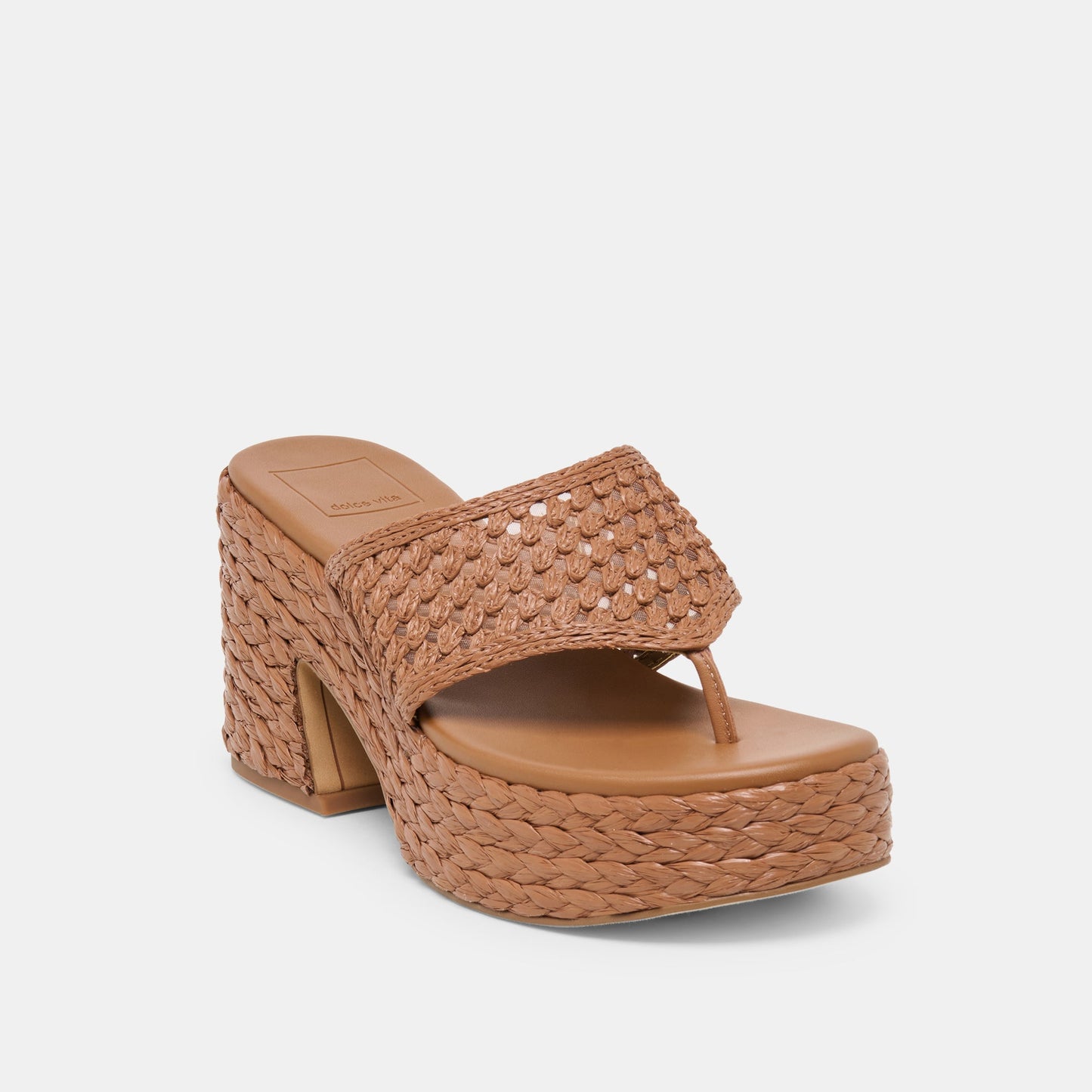 RIPPLE Mid Brown Raffia Platform Thong Block Heel