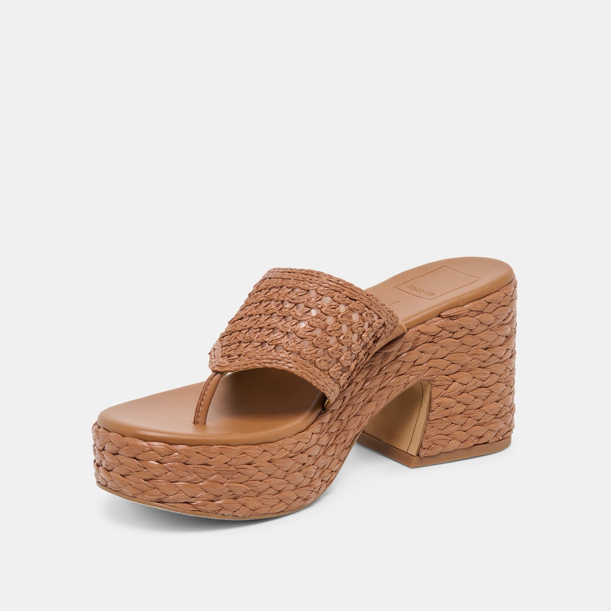 RIPPLE Mid Brown Raffia Platform Thong Block Heel