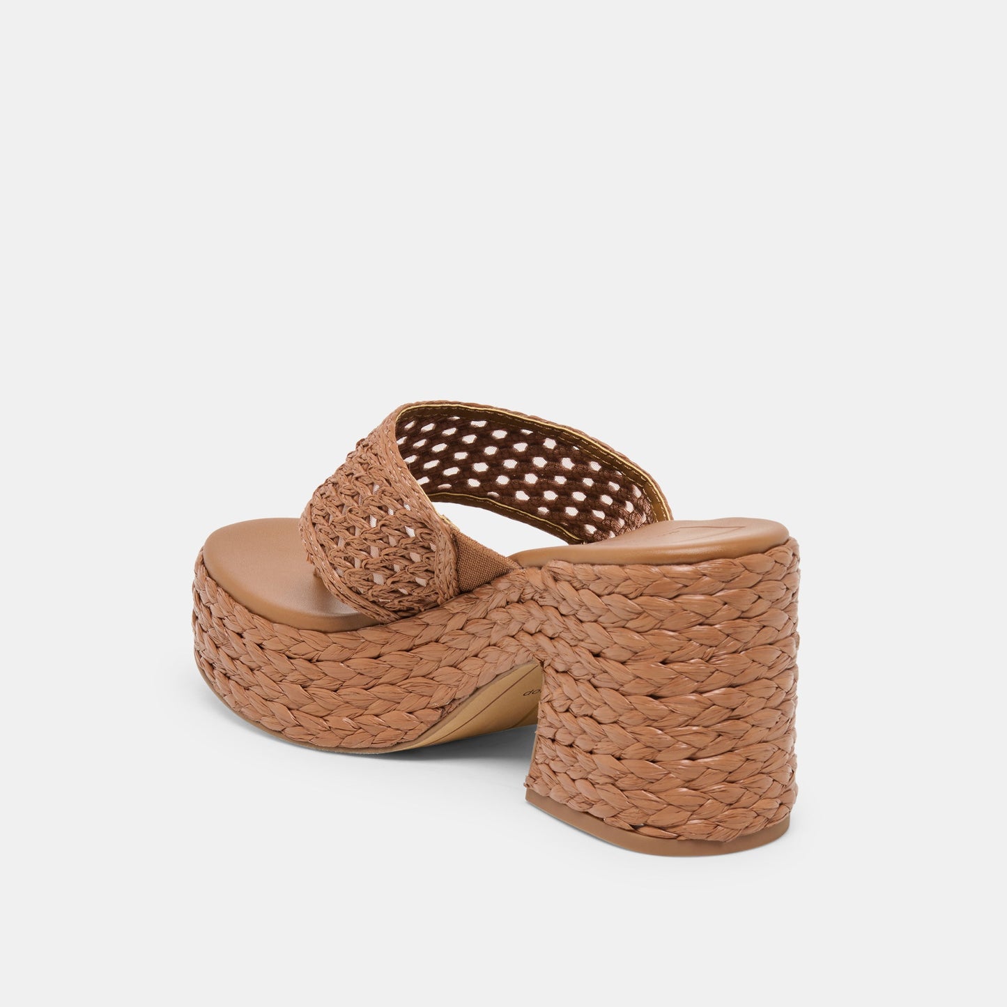 RIPPLE Mid Brown Raffia Platform Thong Block Heel