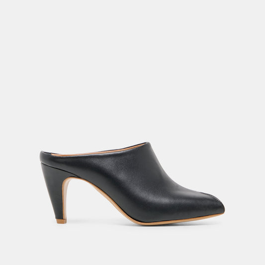 MERY Black Leather Peep-Toe Heels