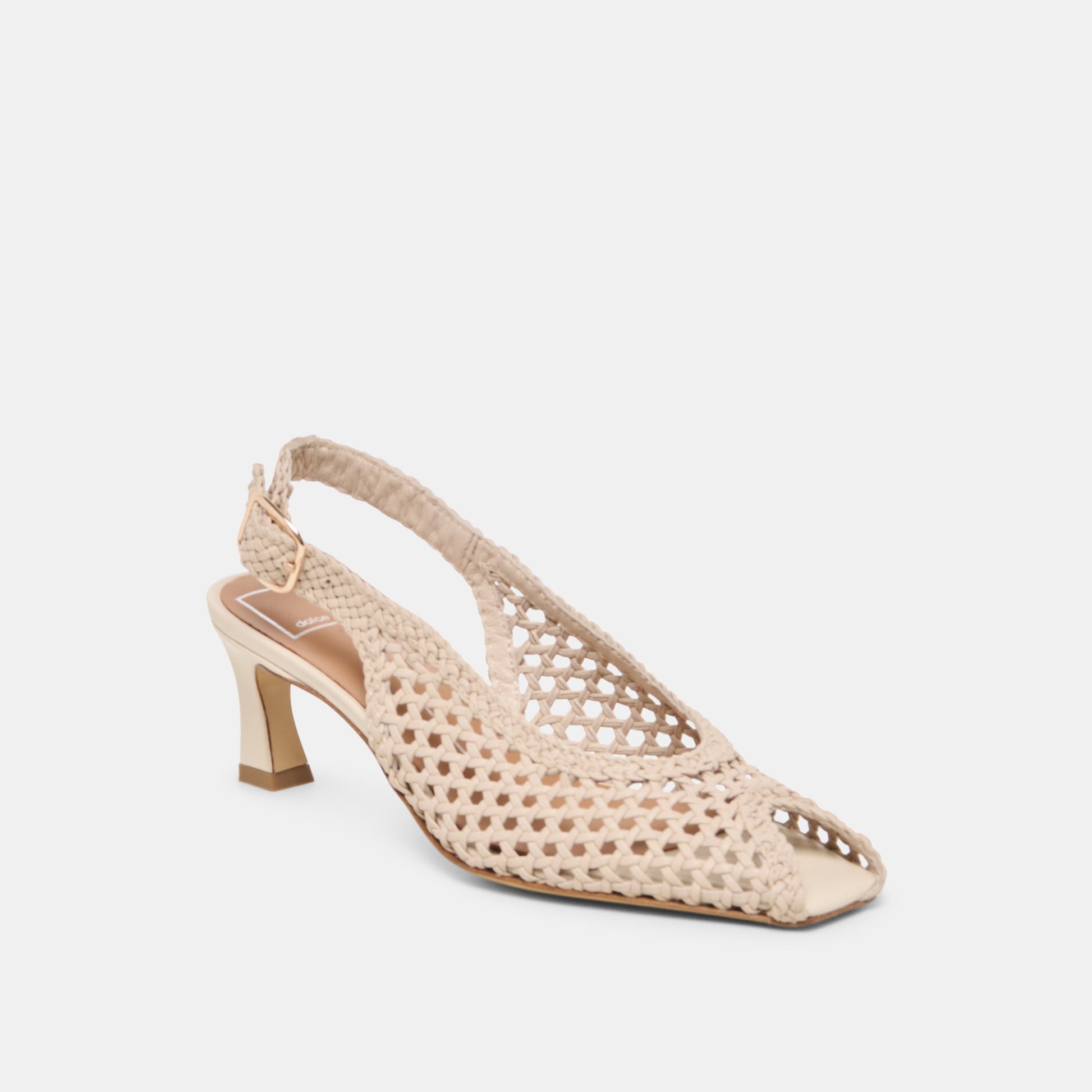 REMLA Bone Woven Leather Peep-Toe Kitten Heel