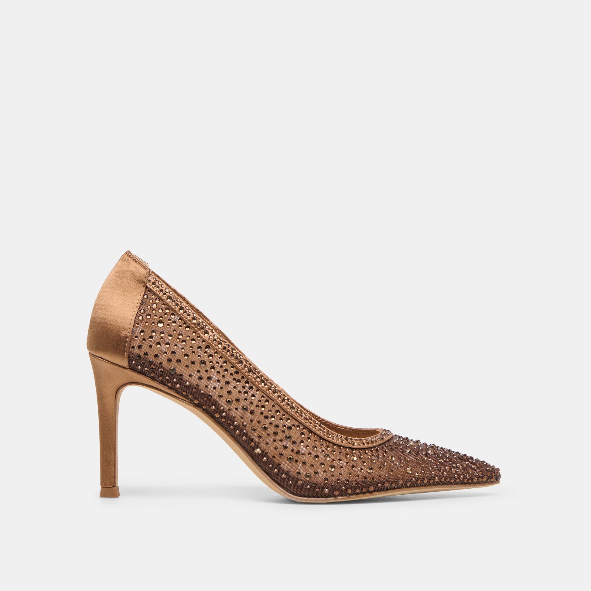 Kashe Crystal Mid Brown Mesh Heels