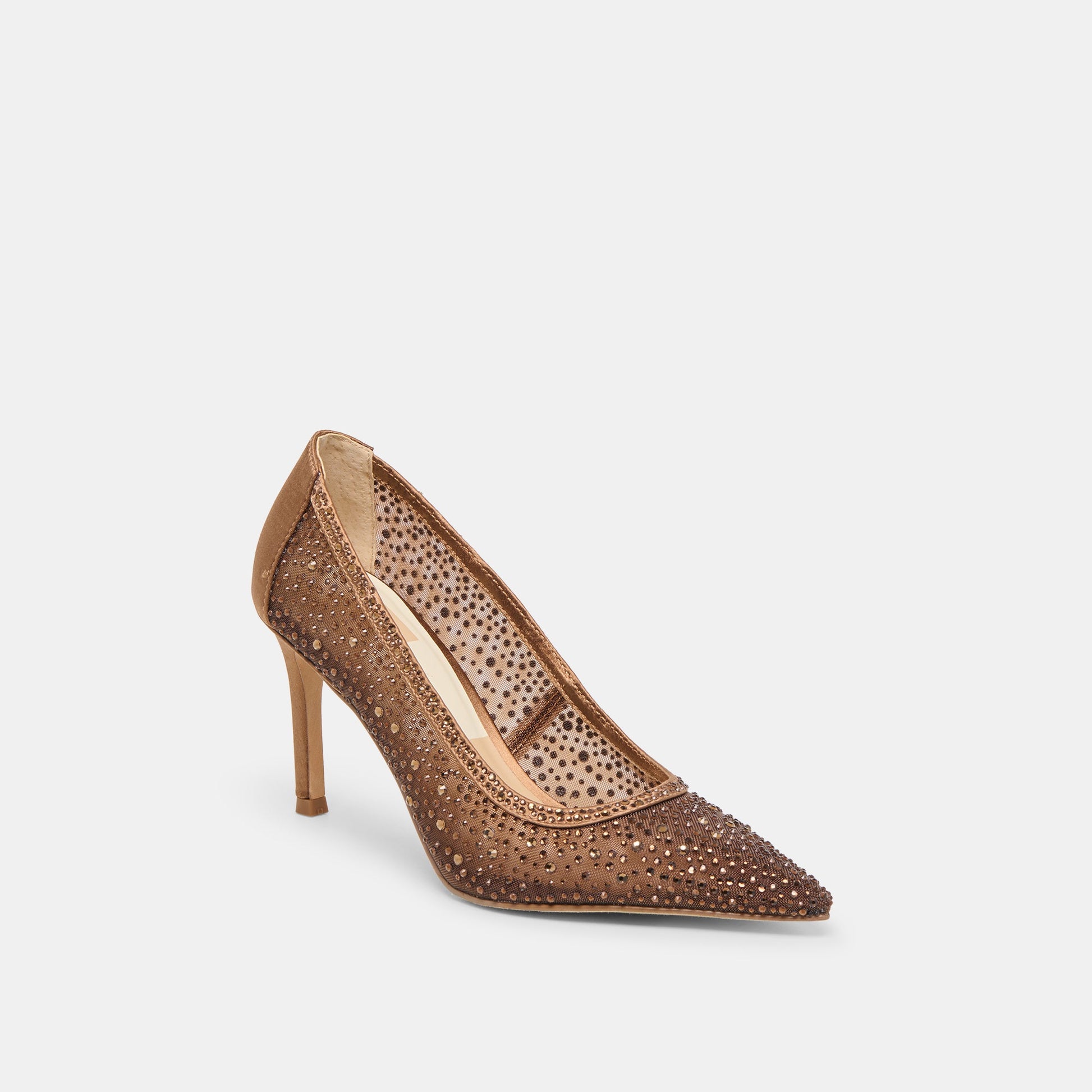 Kashe Crystal Mid Brown Mesh Heels