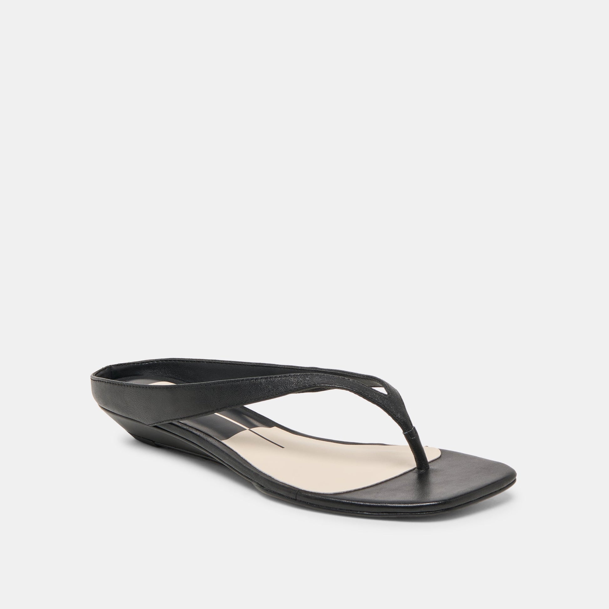 GIZEL Black Leather Thong Square-Toe Sandals