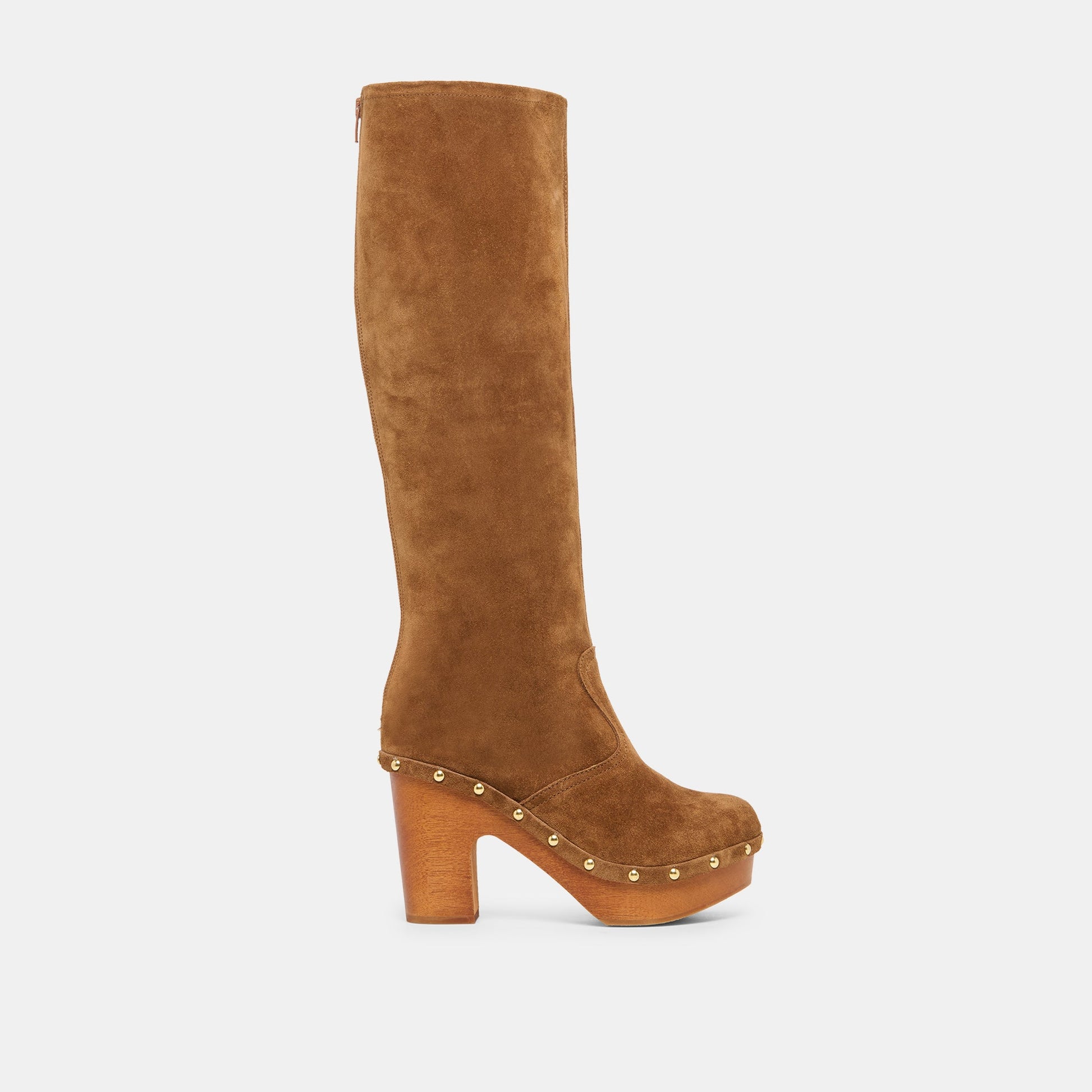 JENNY Chestnut Suede Knee-High Platform Wood Sole Boots
