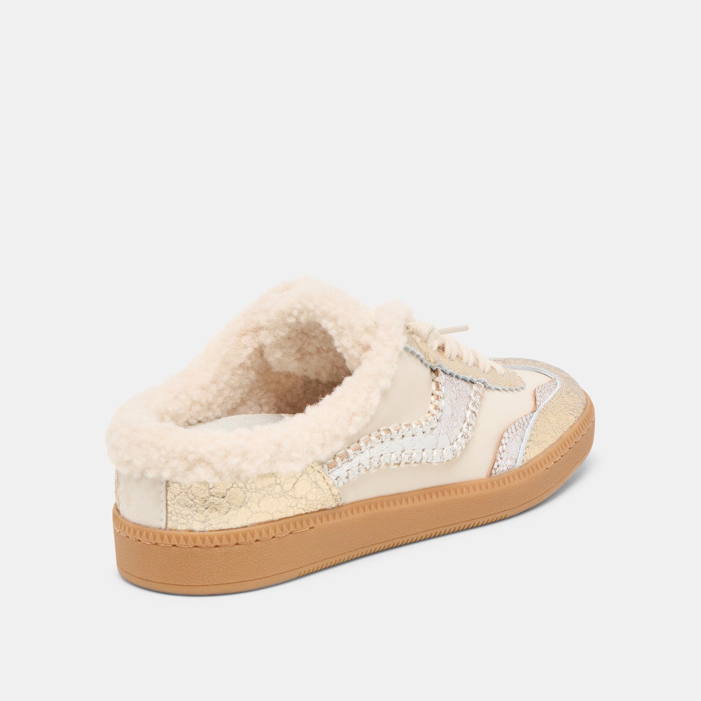 Notice Slide Plush Silver Gold Crackled Leather Sneakers