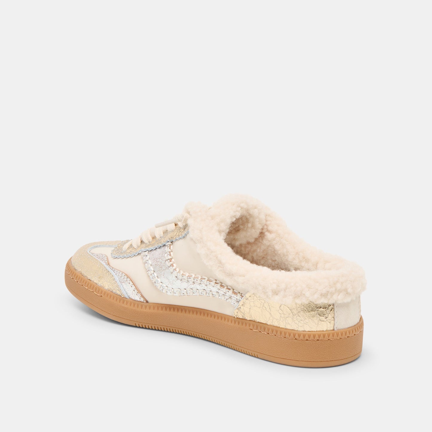 Notice Slide Plush Silver Gold Crackled Leather Sneakers
