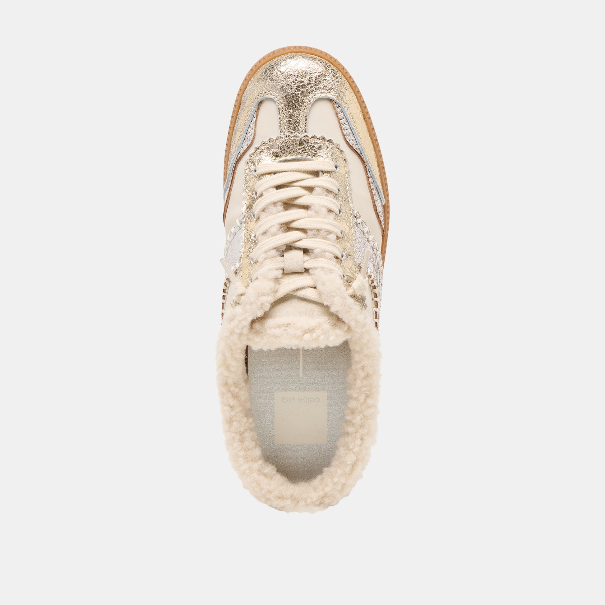 Notice Slide Plush Silver Gold Crackled Leather Sneakers