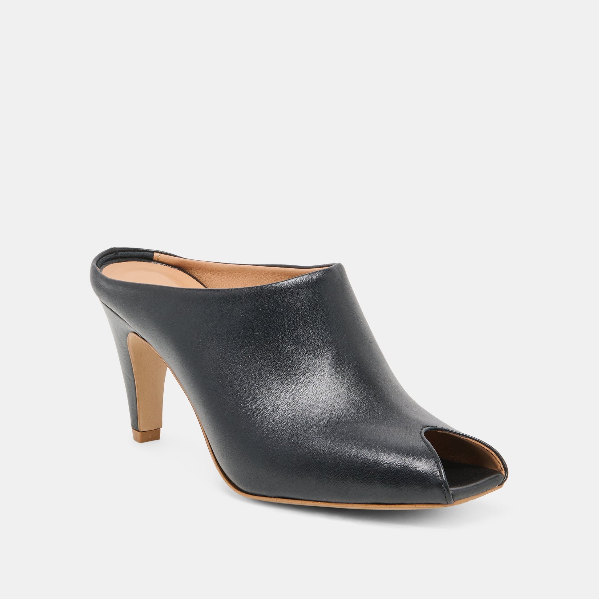 MERY Black Leather Peep-Toe Heels