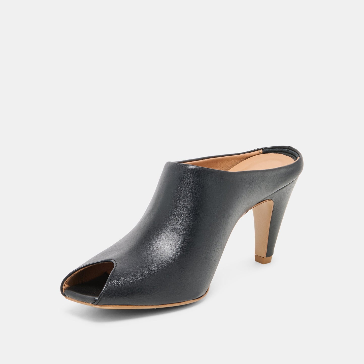 MERY Black Leather Peep-Toe Heels