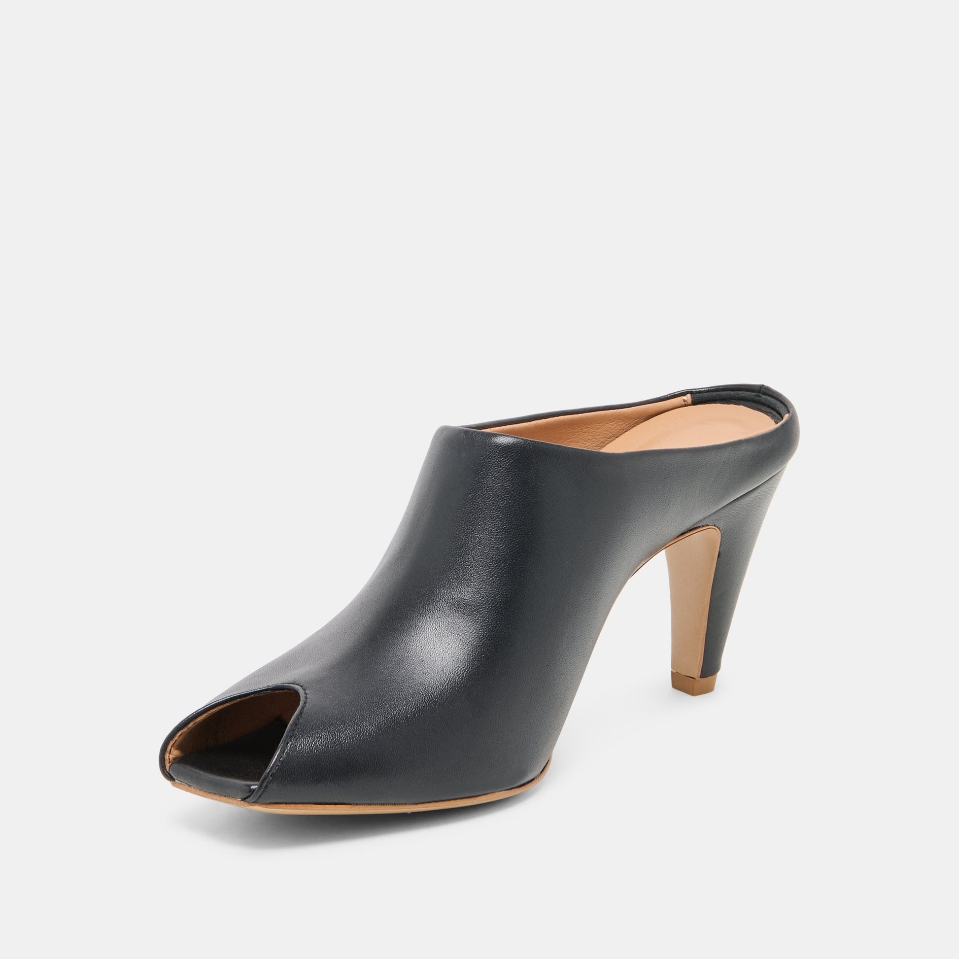 MERY Black Leather Peep-Toe Heels