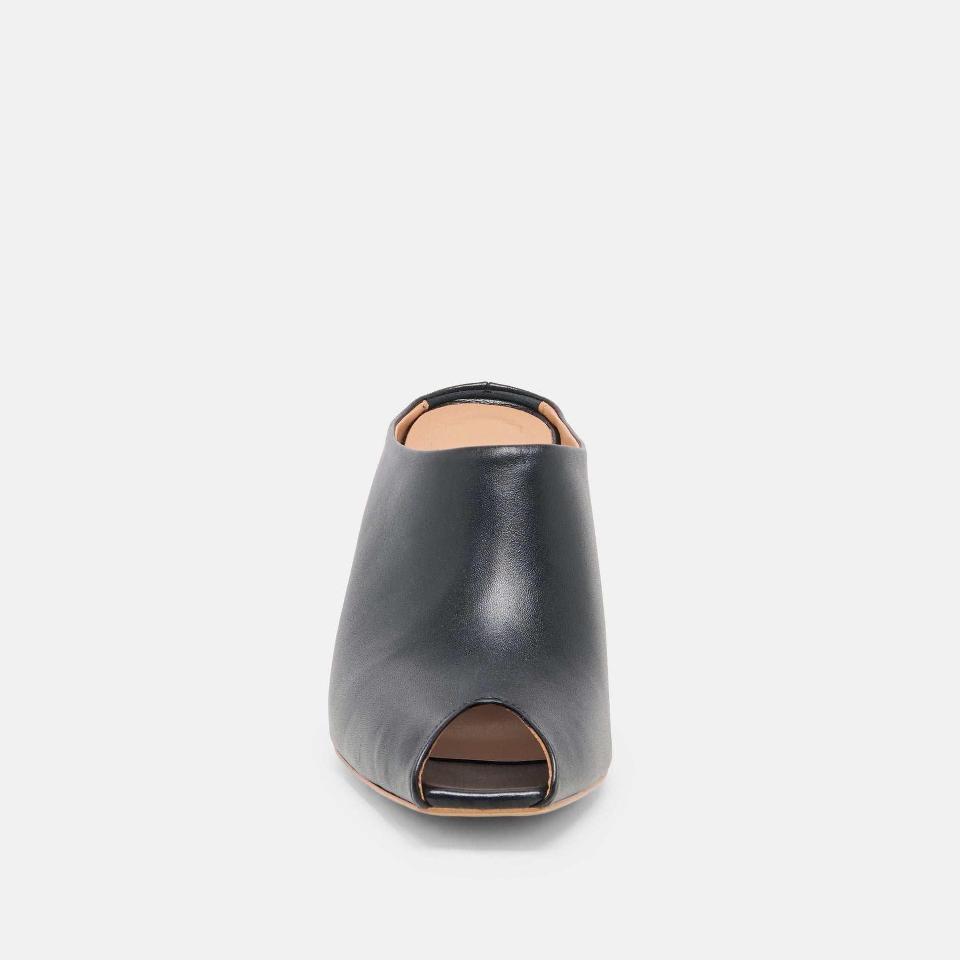 MERY Black Leather Peep-Toe Heels