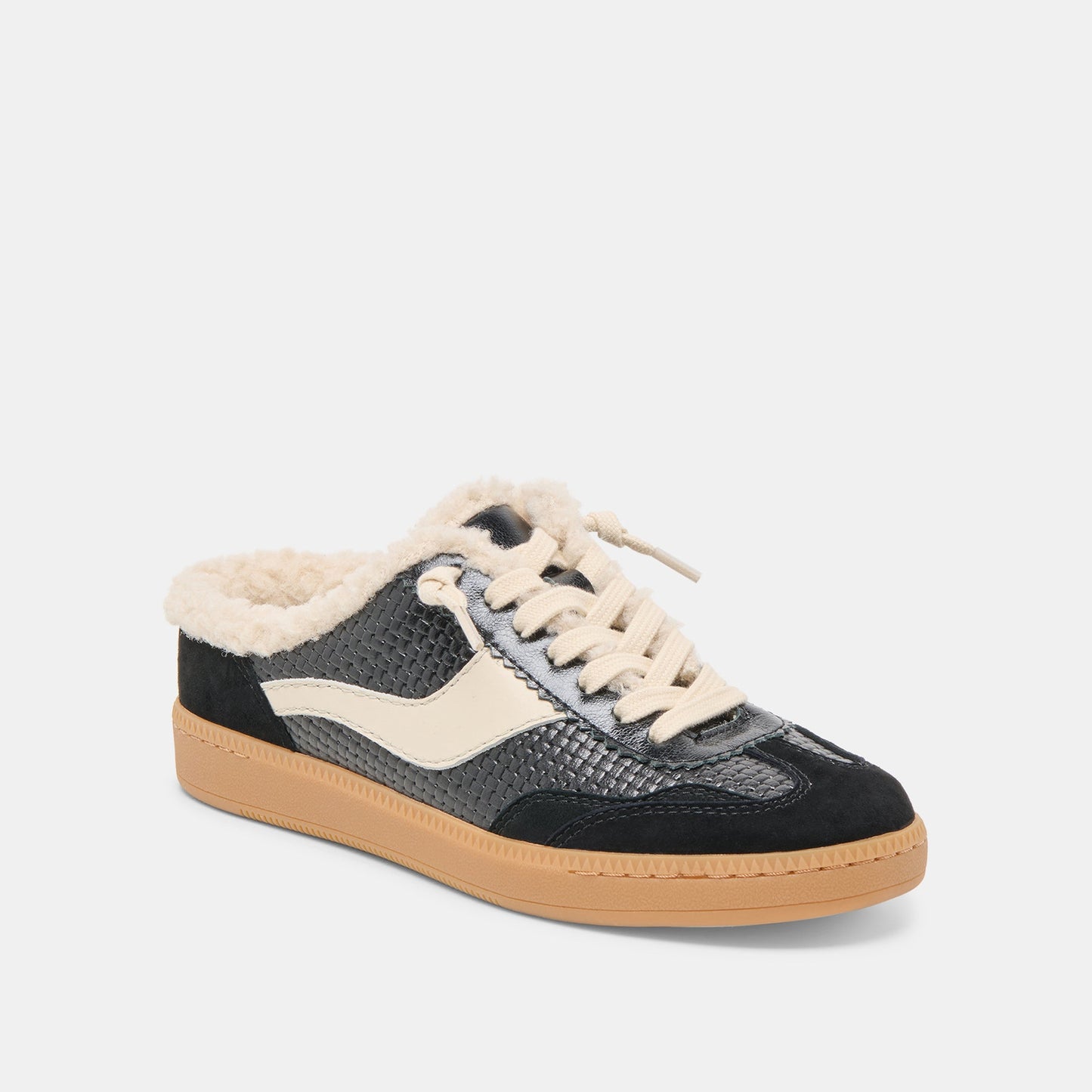 Notice Slide Plush Black Woven Leather Sneakers