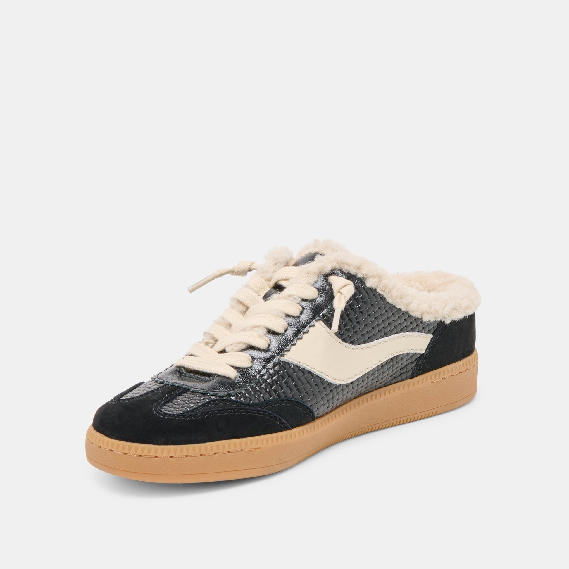 Notice Slide Plush Black Woven Leather Sneakers