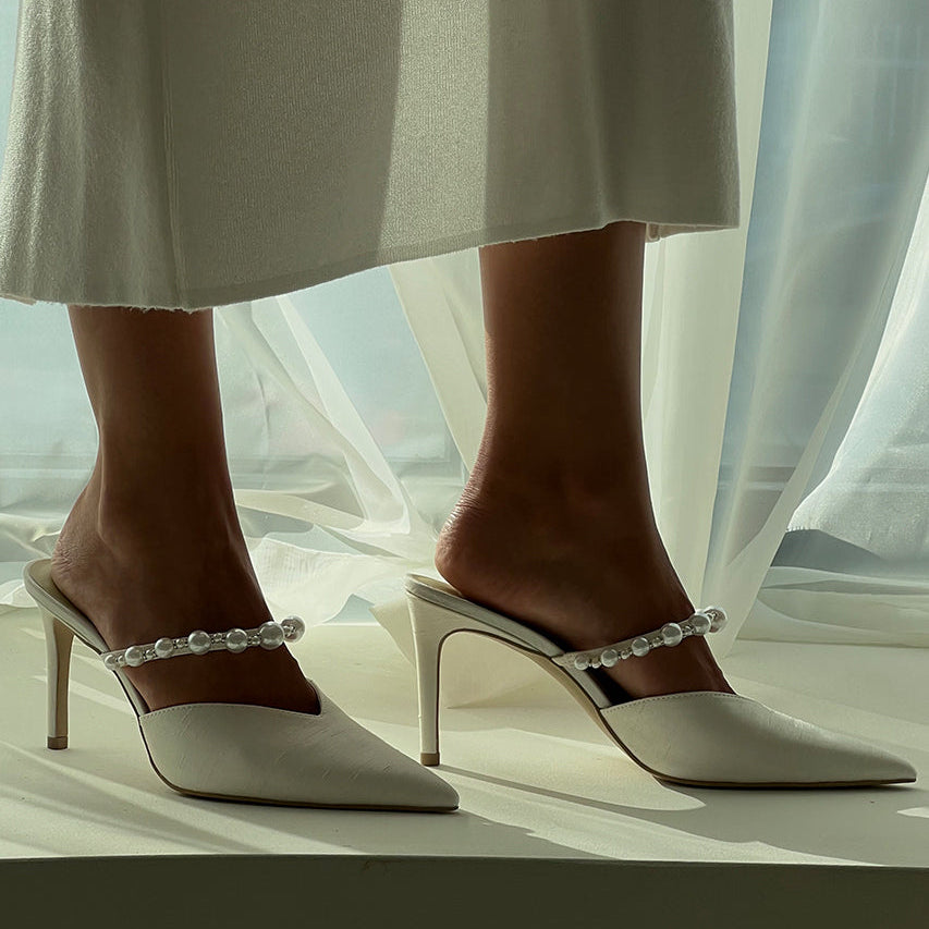 KANIKA Pearl Heels Vanilla Silk | Vanilla Silk Pearl Tapered Heels
 – Dolce Vita
