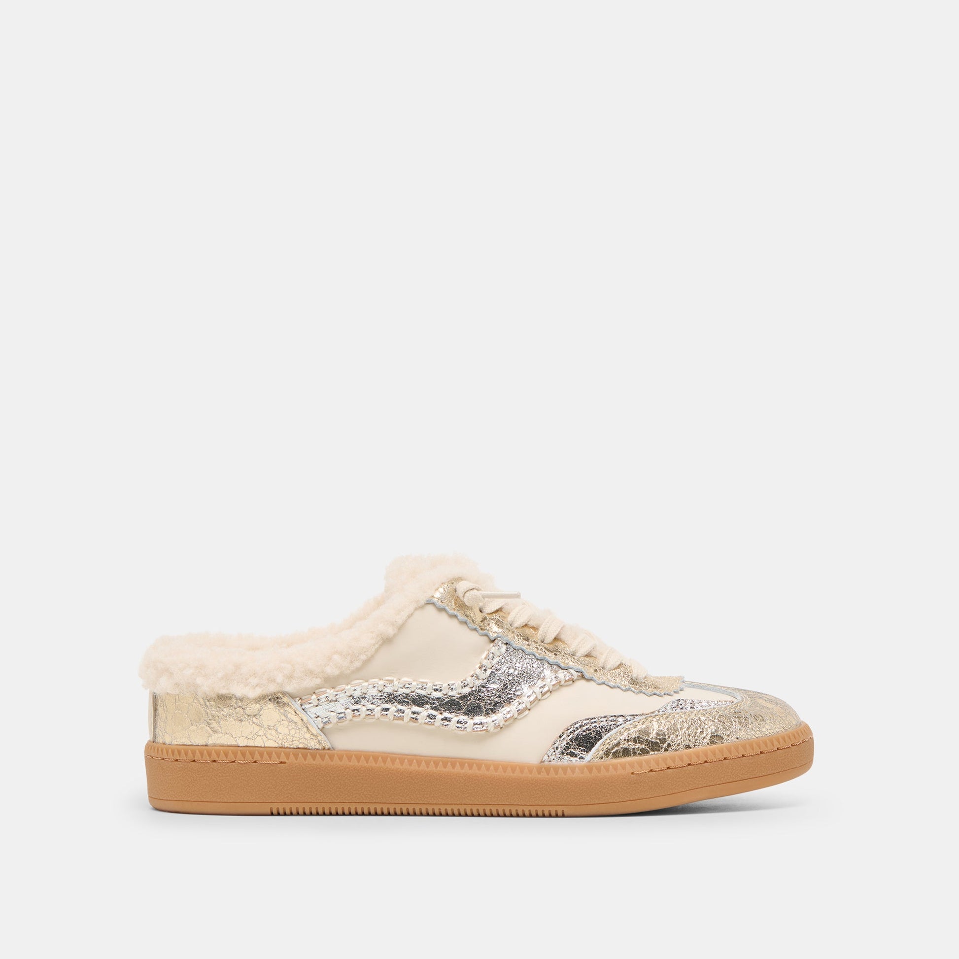 Notice Slide Plush Silver Gold Crackled Leather Sneakers
