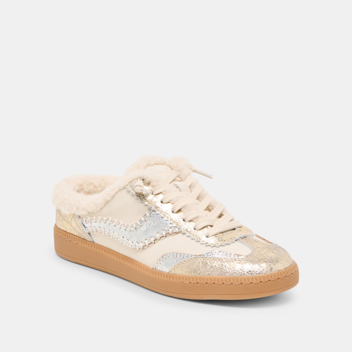 Notice Slide Plush Silver Gold Crackled Leather Sneakers