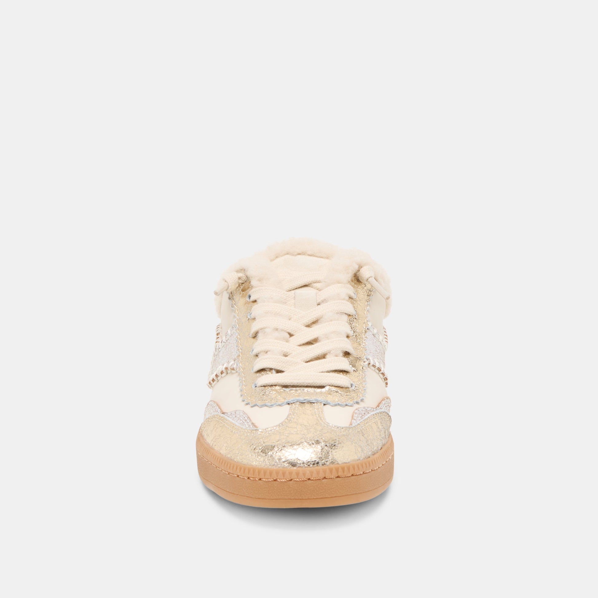 Notice Slide Plush Silver Gold Crackled Leather Sneakers