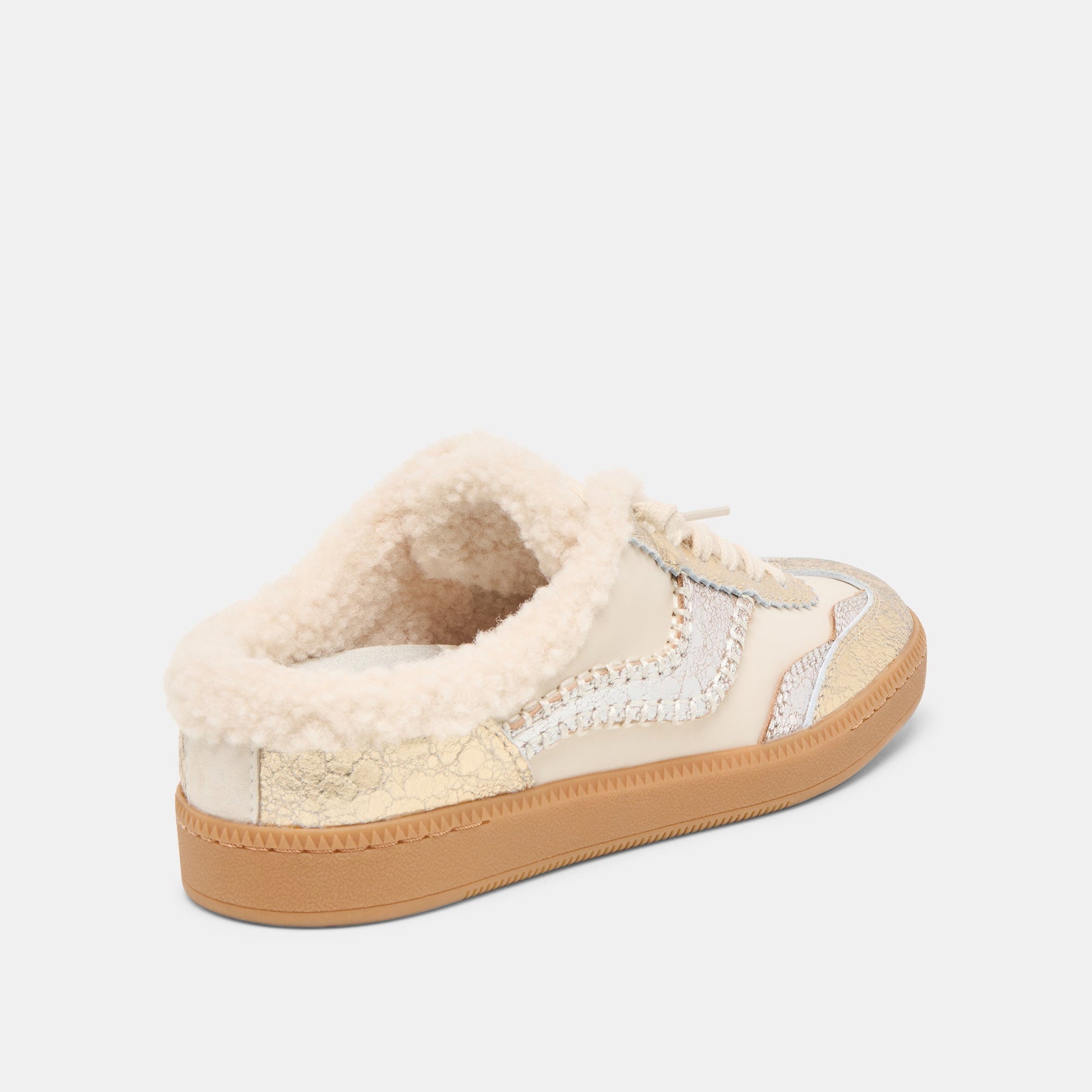 Notice Slide Plush Silver Gold Crackled Leather Sneakers