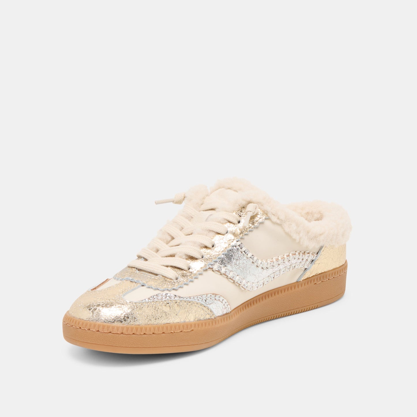 Notice Slide Plush Silver Gold Crackled Leather Sneakers