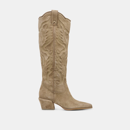 LUNI Taupe Suede Knee-High Pointed Toe Western Boots