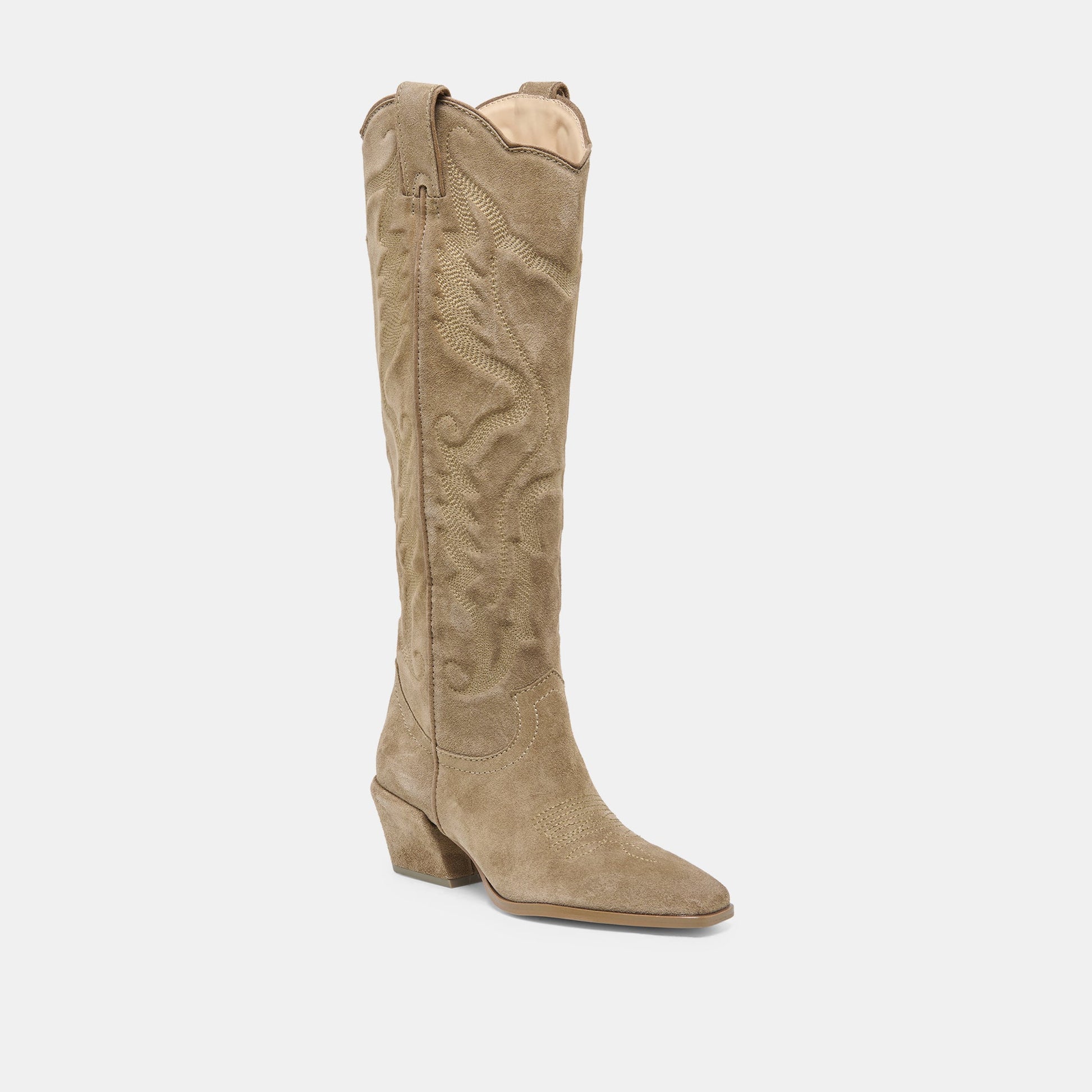 LUNI Taupe Suede Knee-High Pointed Toe Western Boots