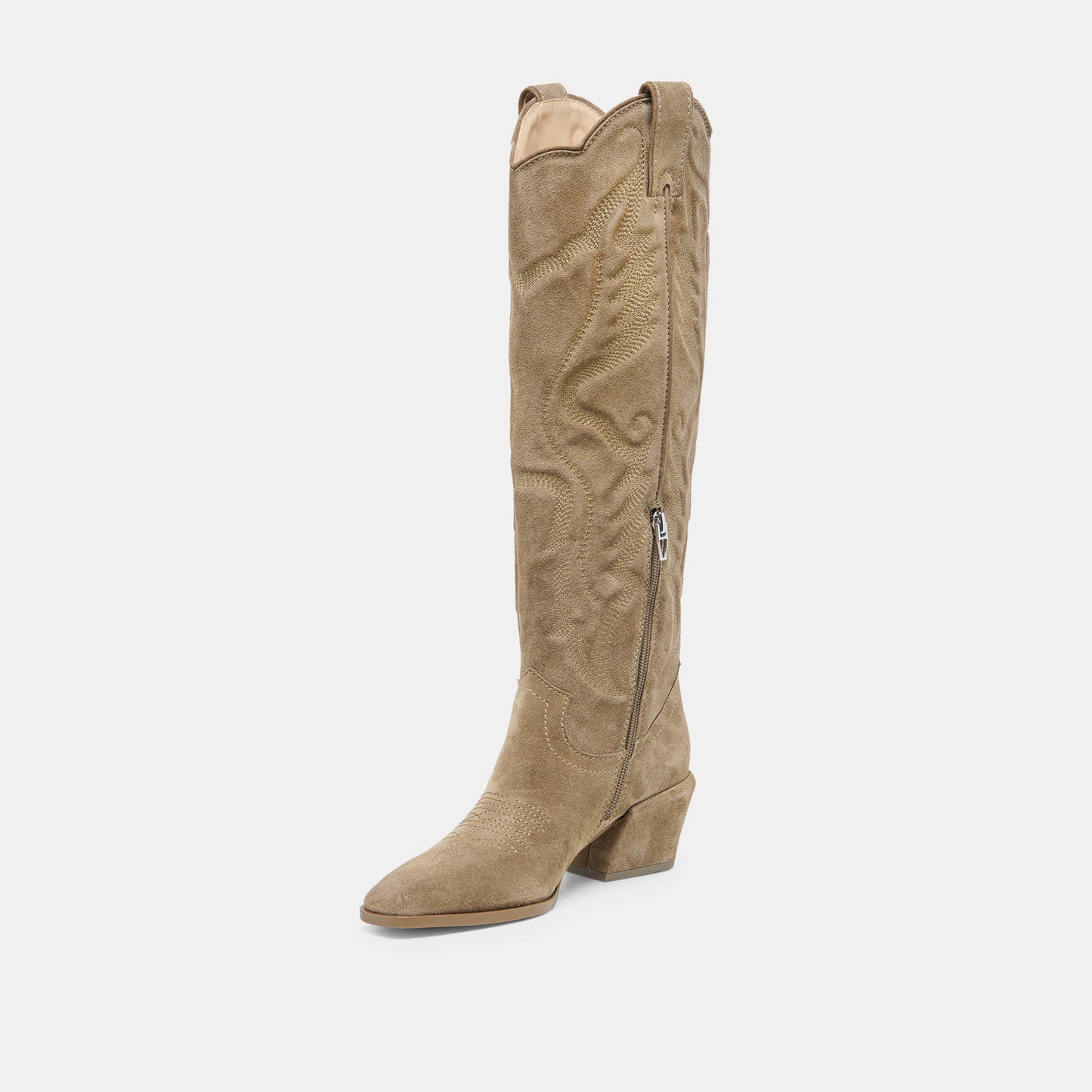 LUNI Taupe Suede Knee-High Pointed Toe Western Boots