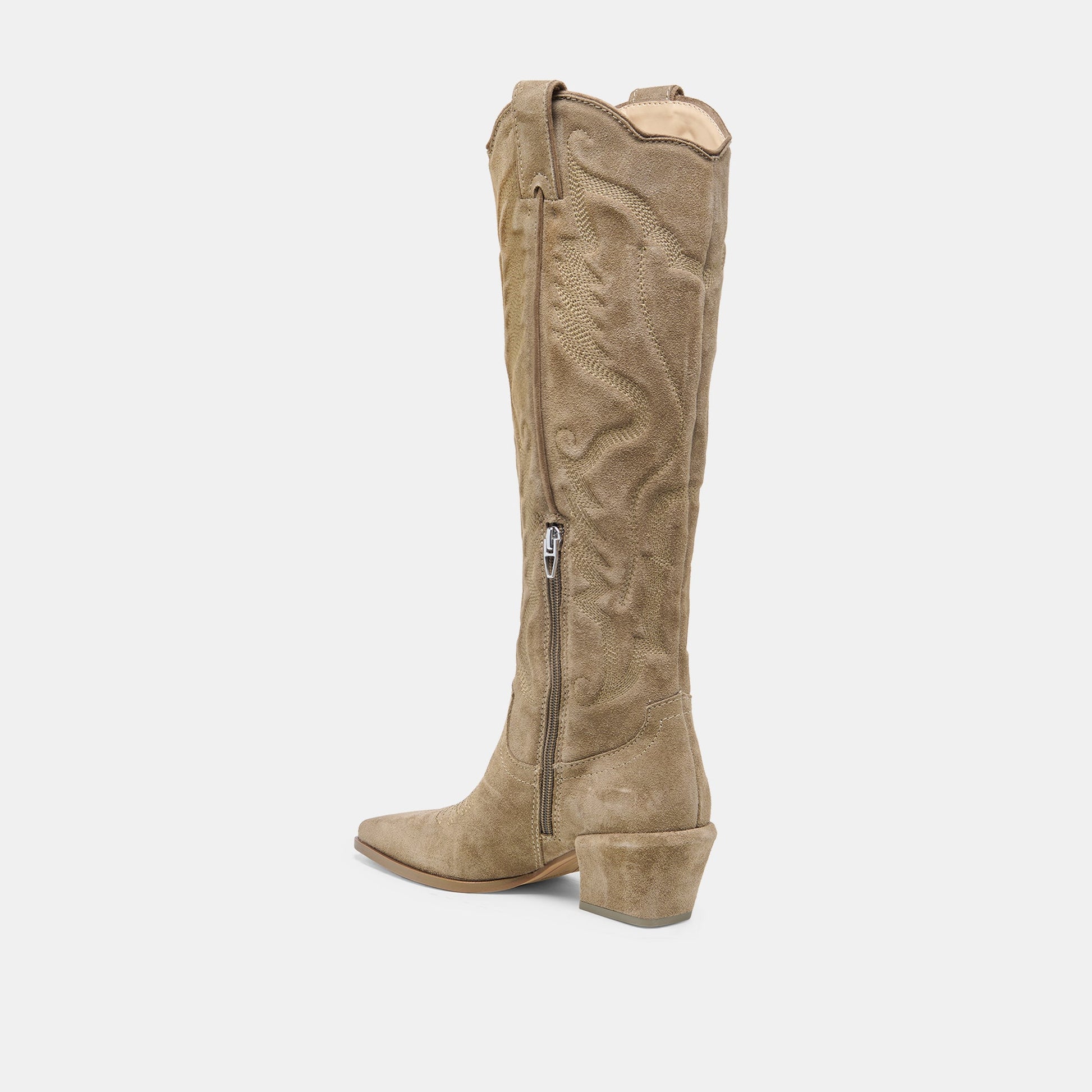 LUNI Taupe Suede Knee-High Pointed Toe Western Boots