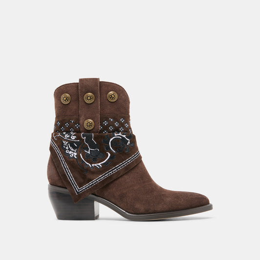 MEKALA Dk Brown Suede Pointed-Toe Ankle Western Boots