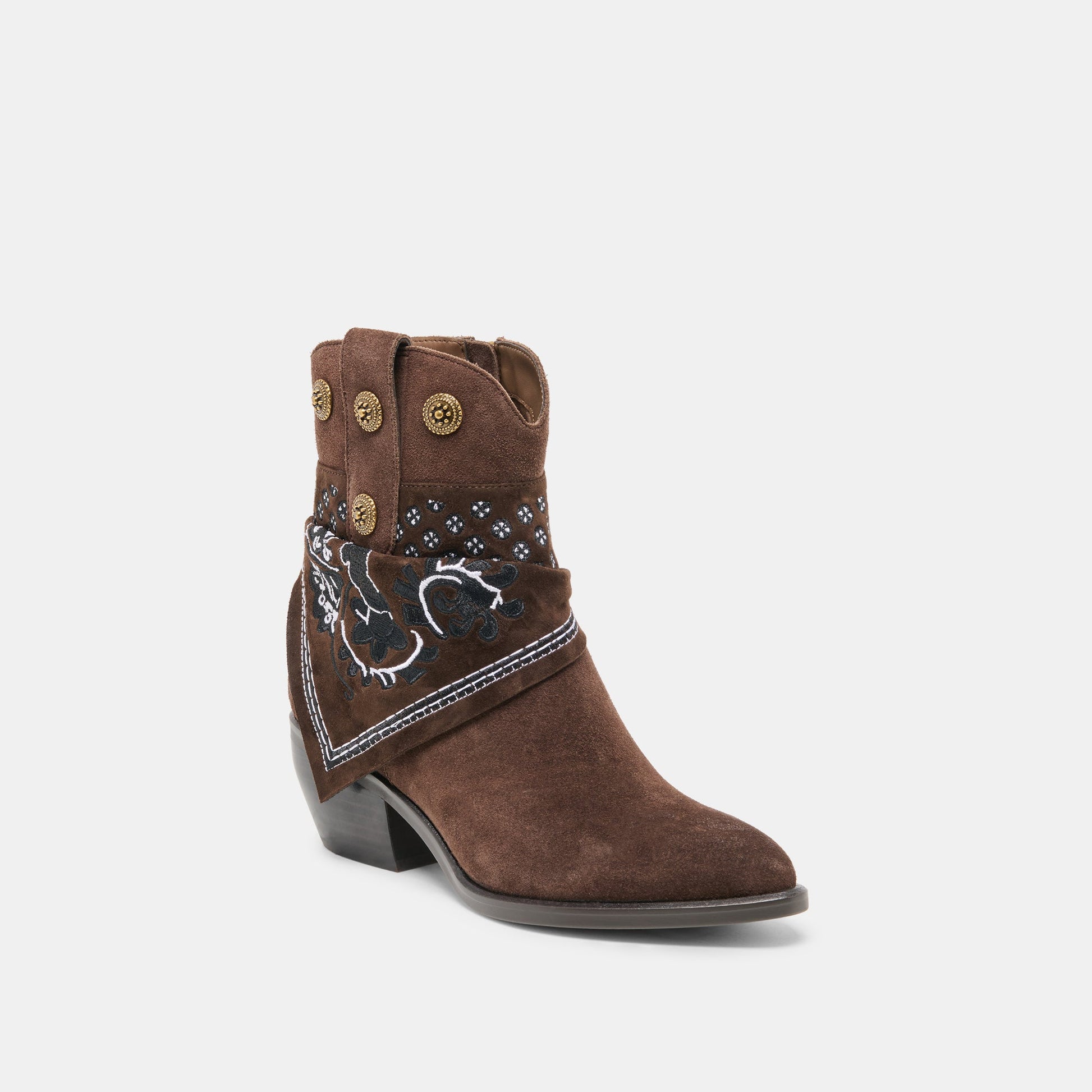 MEKALA Dk Brown Suede Pointed-Toe Ankle Western Boots
