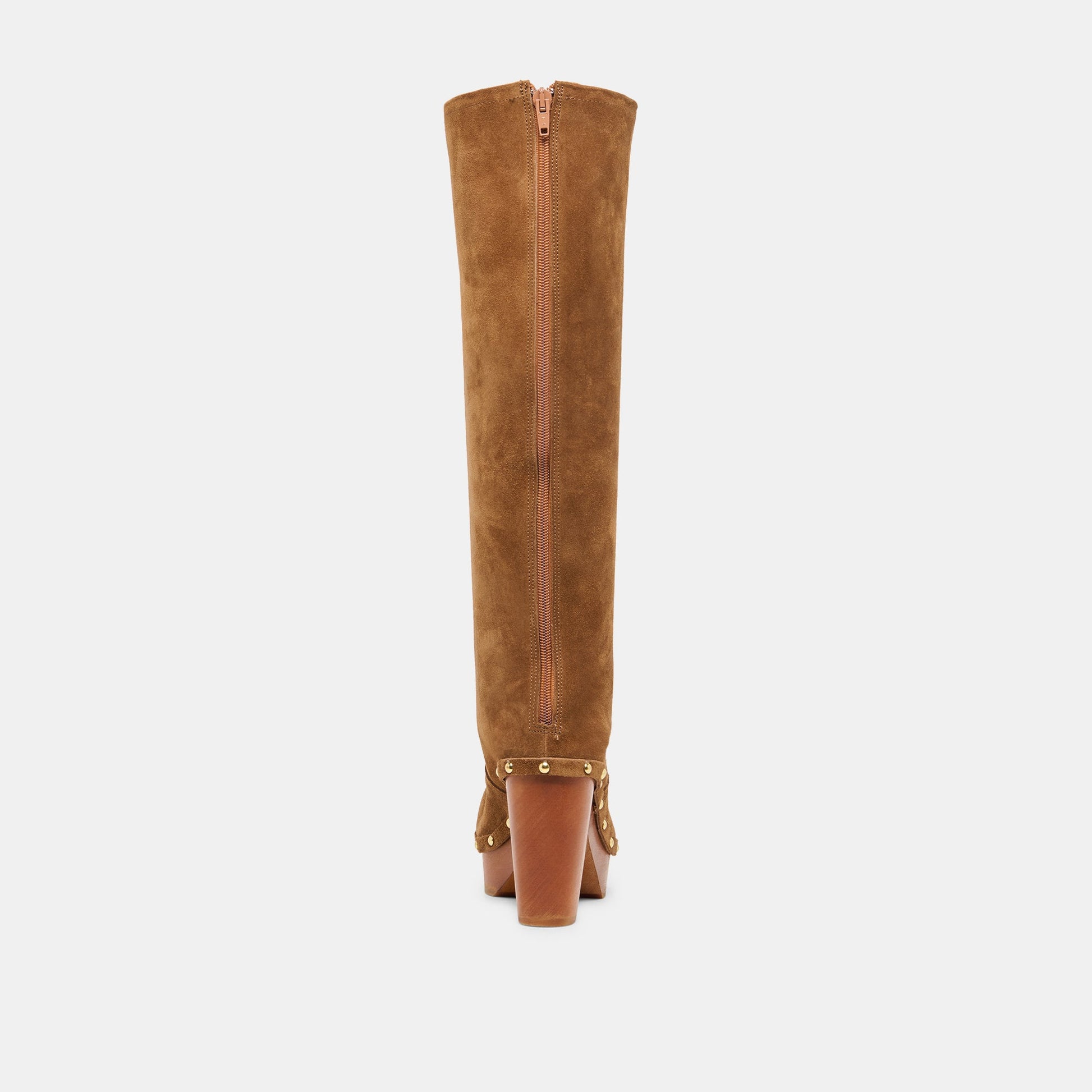 JENNY Chestnut Suede Knee-High Platform Wood Sole Boots
