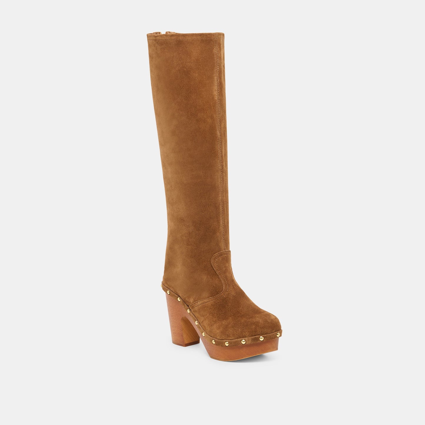 JENNY Chestnut Suede Knee-High Platform Wood Sole Boots