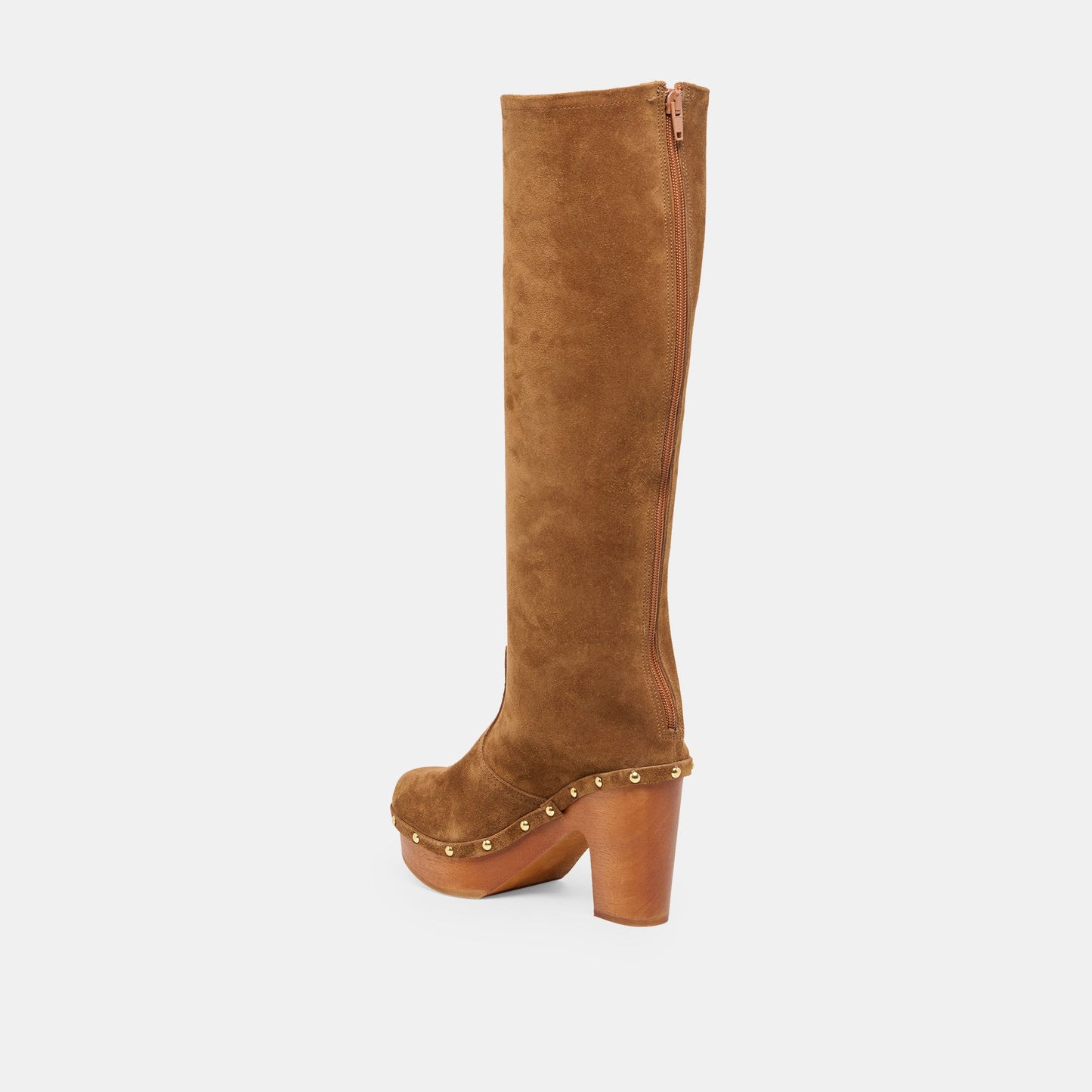 JENNY Chestnut Suede Knee-High Platform Wood Sole Boots