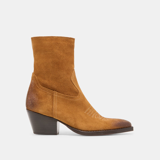 KLYDE Cognac Suede Block Heel Ankle Boots