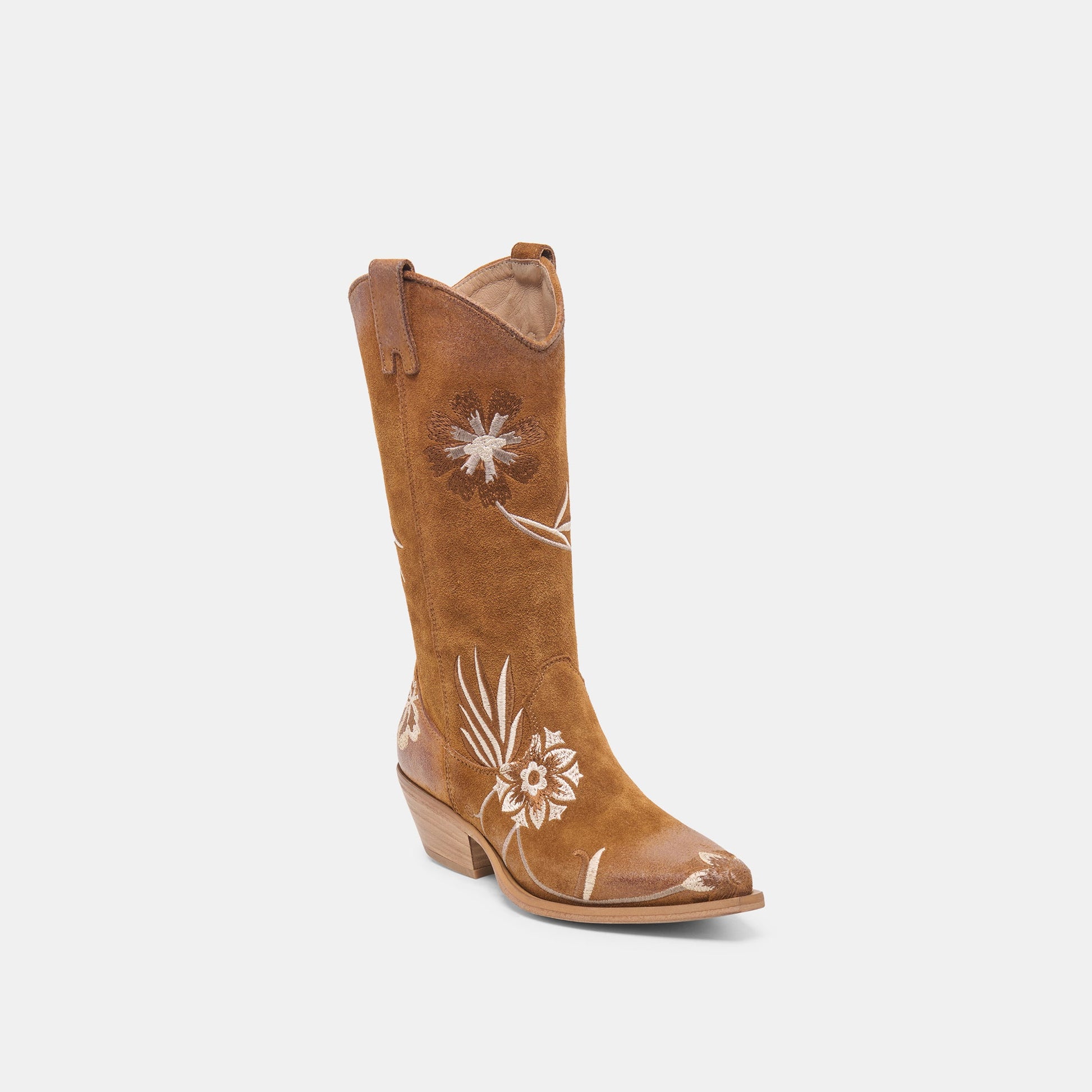 BRANDO Tan Suede Embroidered Pointed-Toe Western Boots