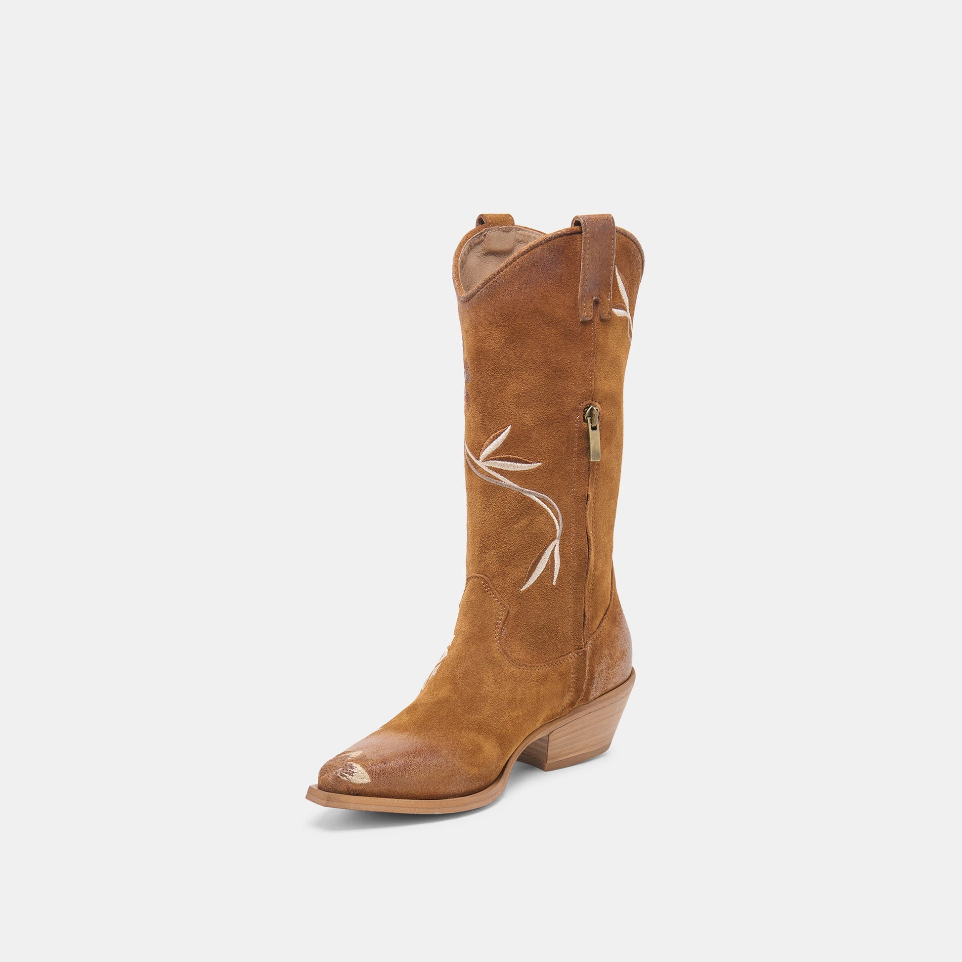 BRANDO Tan Suede Embroidered Pointed-Toe Western Boots