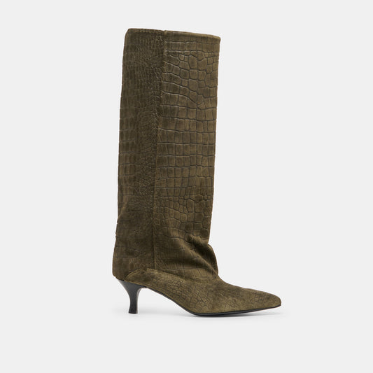 Roxla Olive Croco Embossed Leather Boots