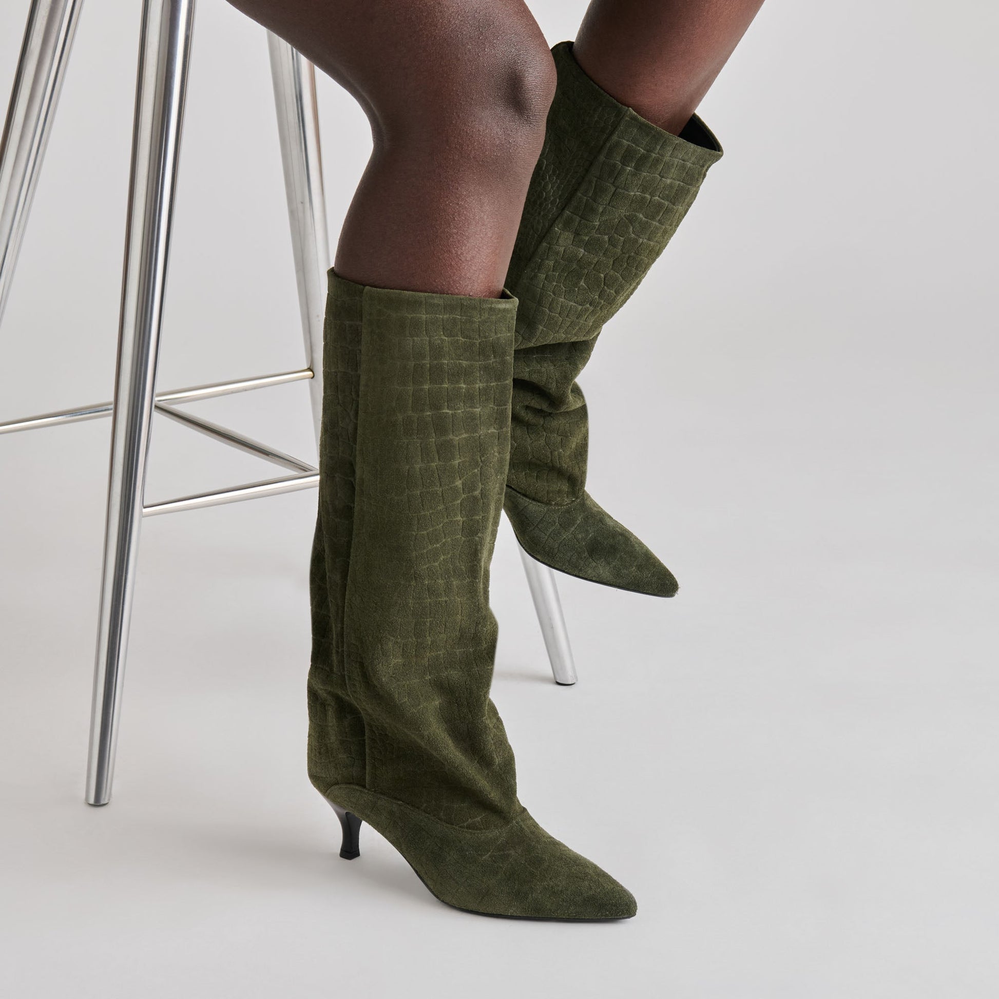 Roxla Olive Croco Embossed Leather Boots