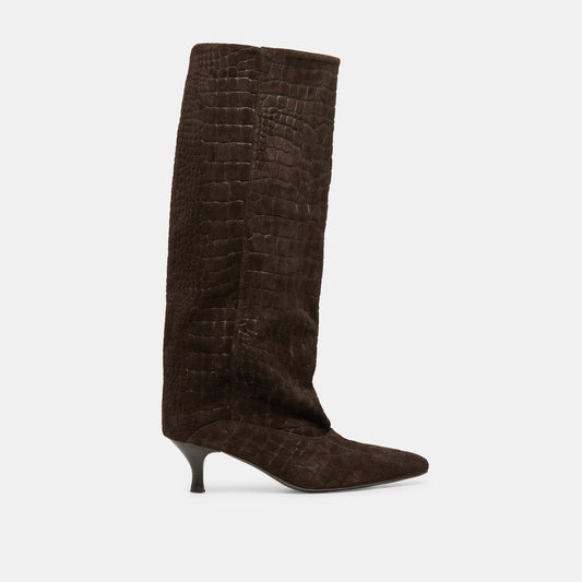 Roxla Dk Chocolate Croco Embossed Leather Boots