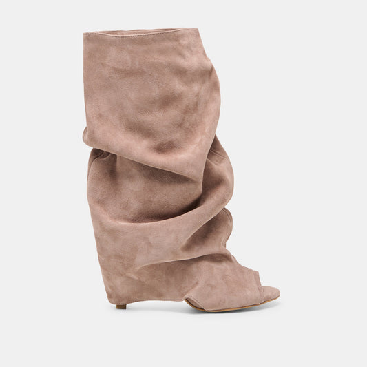 CLYFF Taupe Suede Slouch Foldover Open-Toe Boots