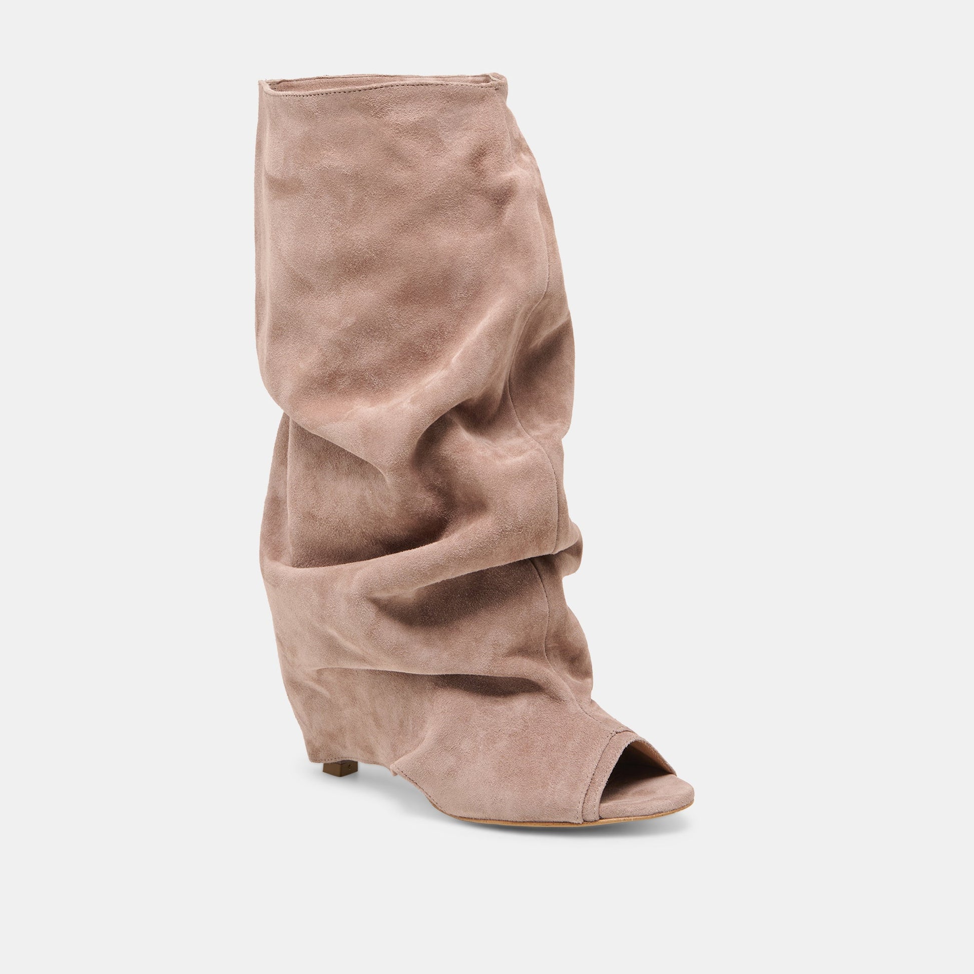 CLYFF Taupe Suede Slouch Foldover Open-Toe Boots