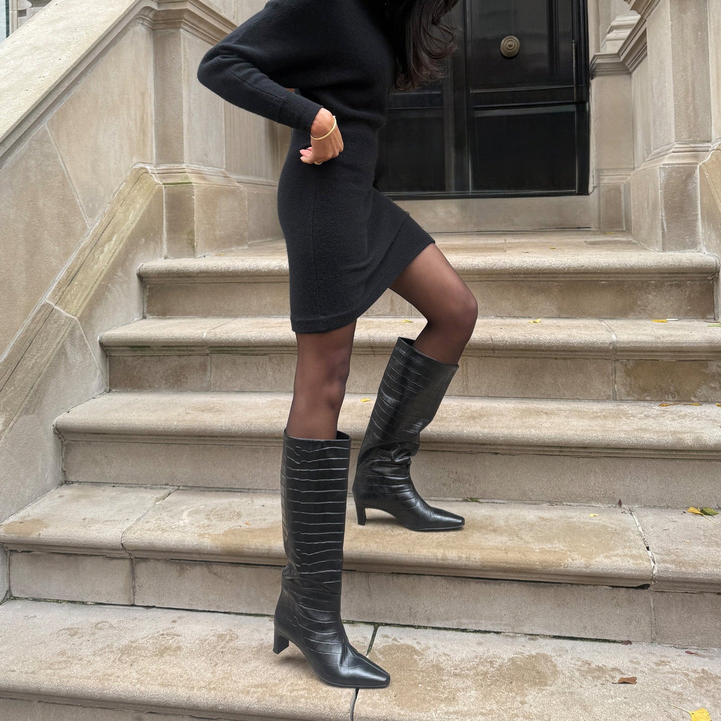 Trixi Noir Croco Embossed Leather Boots
